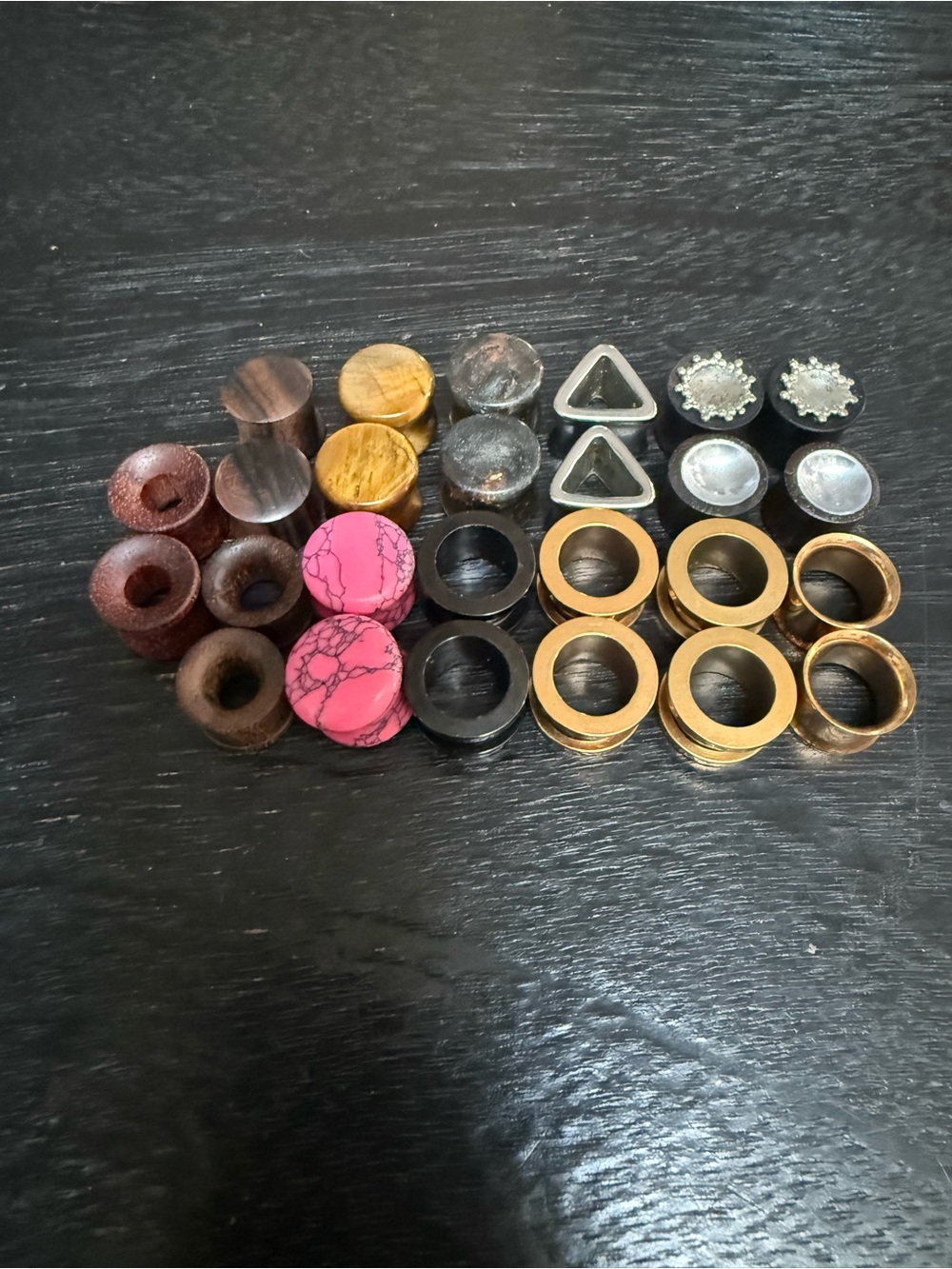 Assorted Plug and Tunnel Gauge Set - Pink, Black, Wood, Gold, Steel